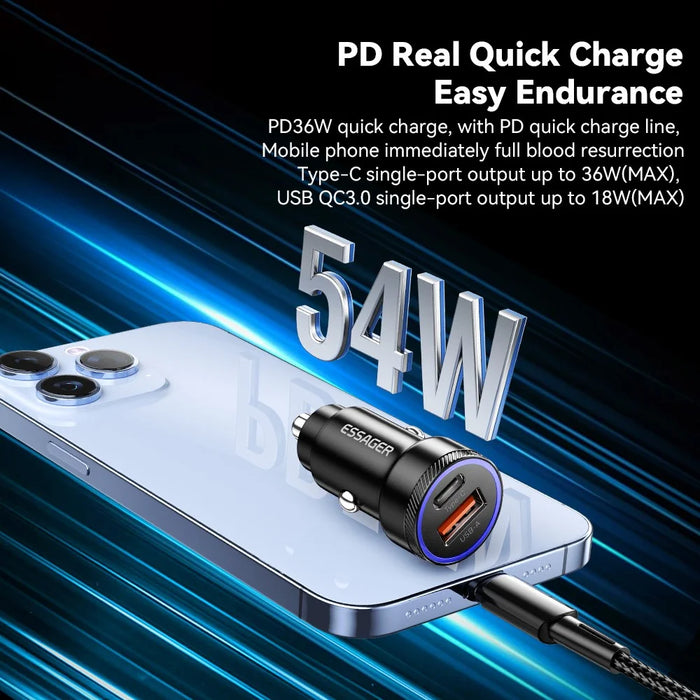 ESSAGER 54W USB+Type-C Phone Fast Charging Adapter ABS+Aluminum Alloy Mini Car Charger - Black - 5