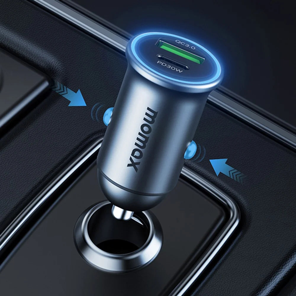 MOMAX PD 30W Type-C+USB Phone Fast Charging Adapter ABS+Aluminum Alloy Car Charger (CE Certified) - Dark Grey - 5