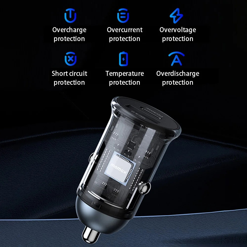 MOMAX PD 30W Type-C+USB Phone Fast Charging Adapter ABS+Aluminum Alloy Car Charger (CE Certified) - Dark Grey - 7