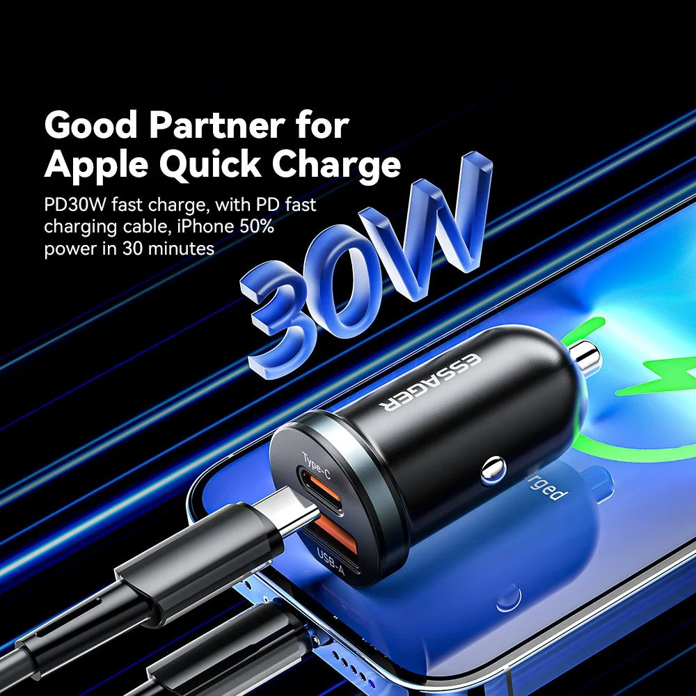 ESSAGER ES-CC12 PD 30W Double Ports Mini Car Charger Lightweight Cigarette Lighter Charger for 12-24V Vehicles - 4