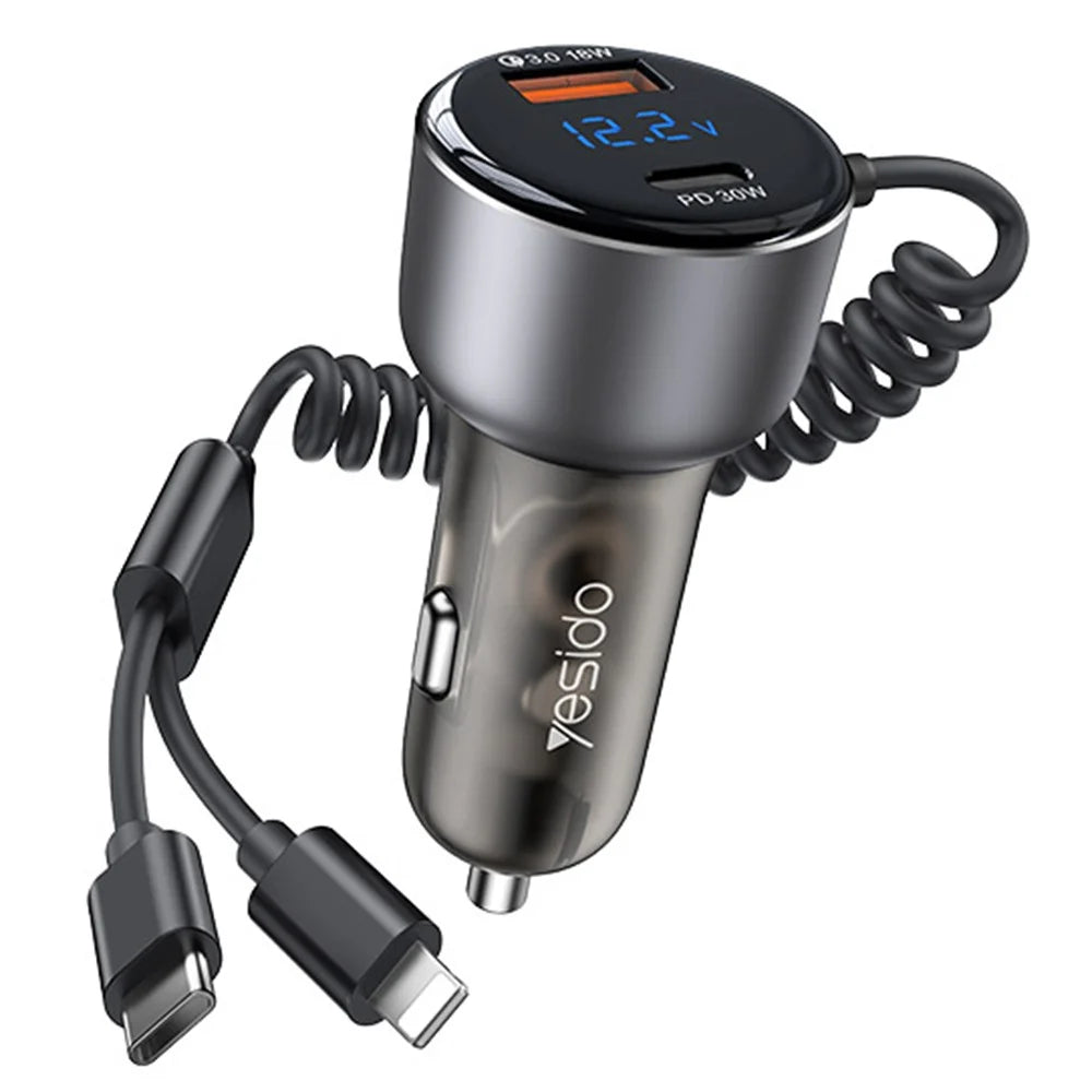 YESIDO Y58 Digital Display Fast Car Charger with iP / Type-C Coiled Cable PD 60W Cigarette Lighter Car Charger - 1
