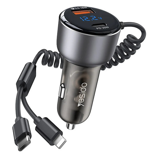 YESIDO Y58 Digital Display Fast Car Charger with iP / Type-C Coiled Cable PD 60W Cigarette Lighter Car Charger - 1
