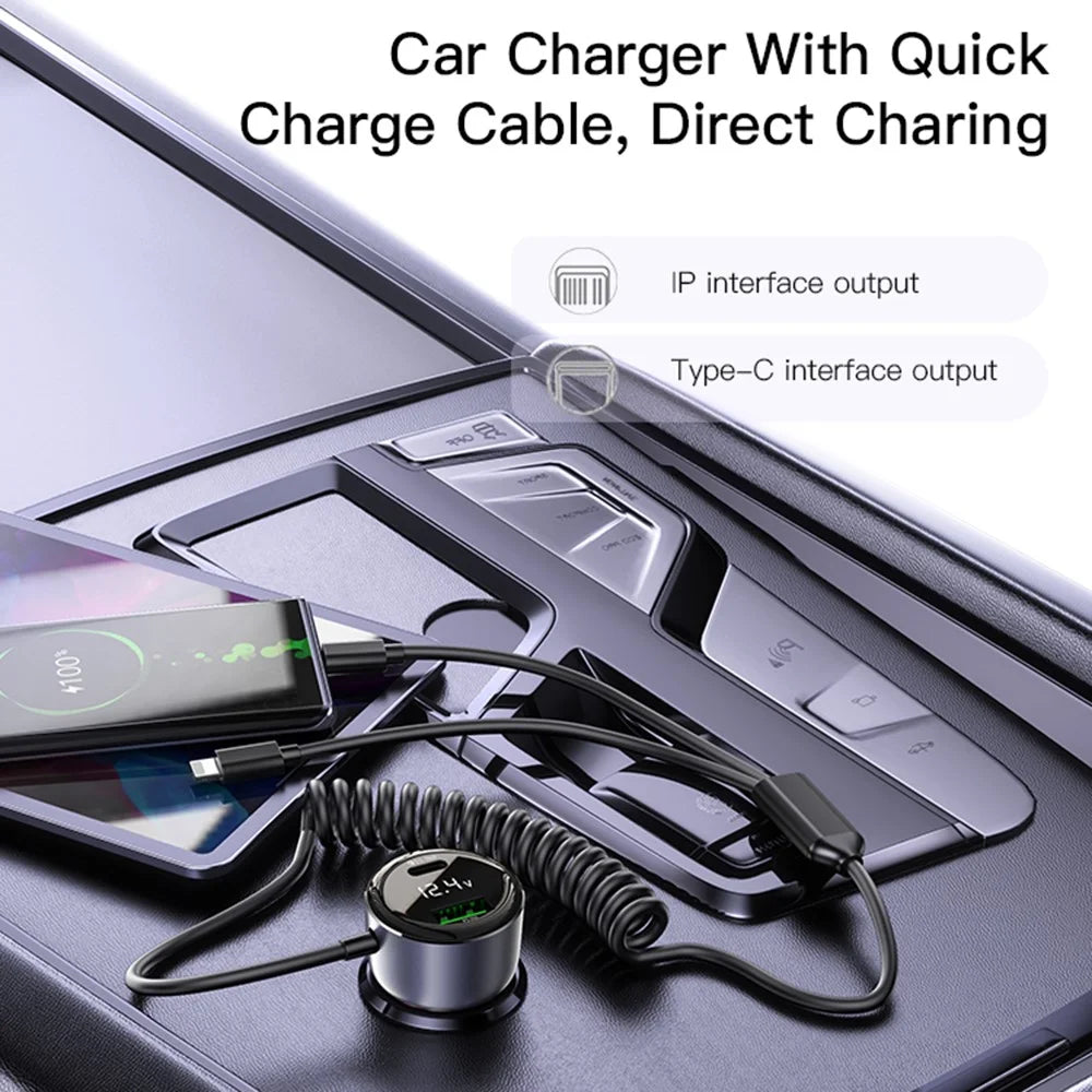 YESIDO Y58 Digital Display Fast Car Charger with iP / Type-C Coiled Cable PD 60W Cigarette Lighter Car Charger - 2