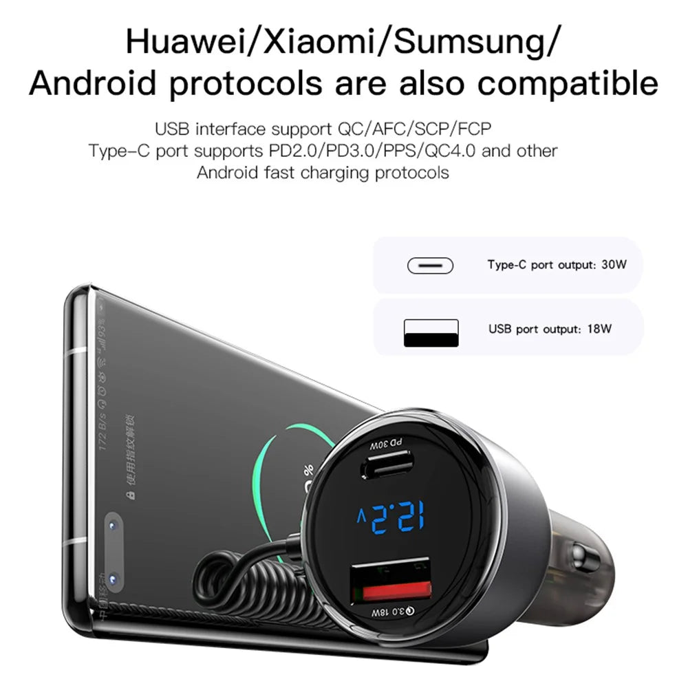 YESIDO Y58 Digital Display Fast Car Charger with iP / Type-C Coiled Cable PD 60W Cigarette Lighter Car Charger - 3