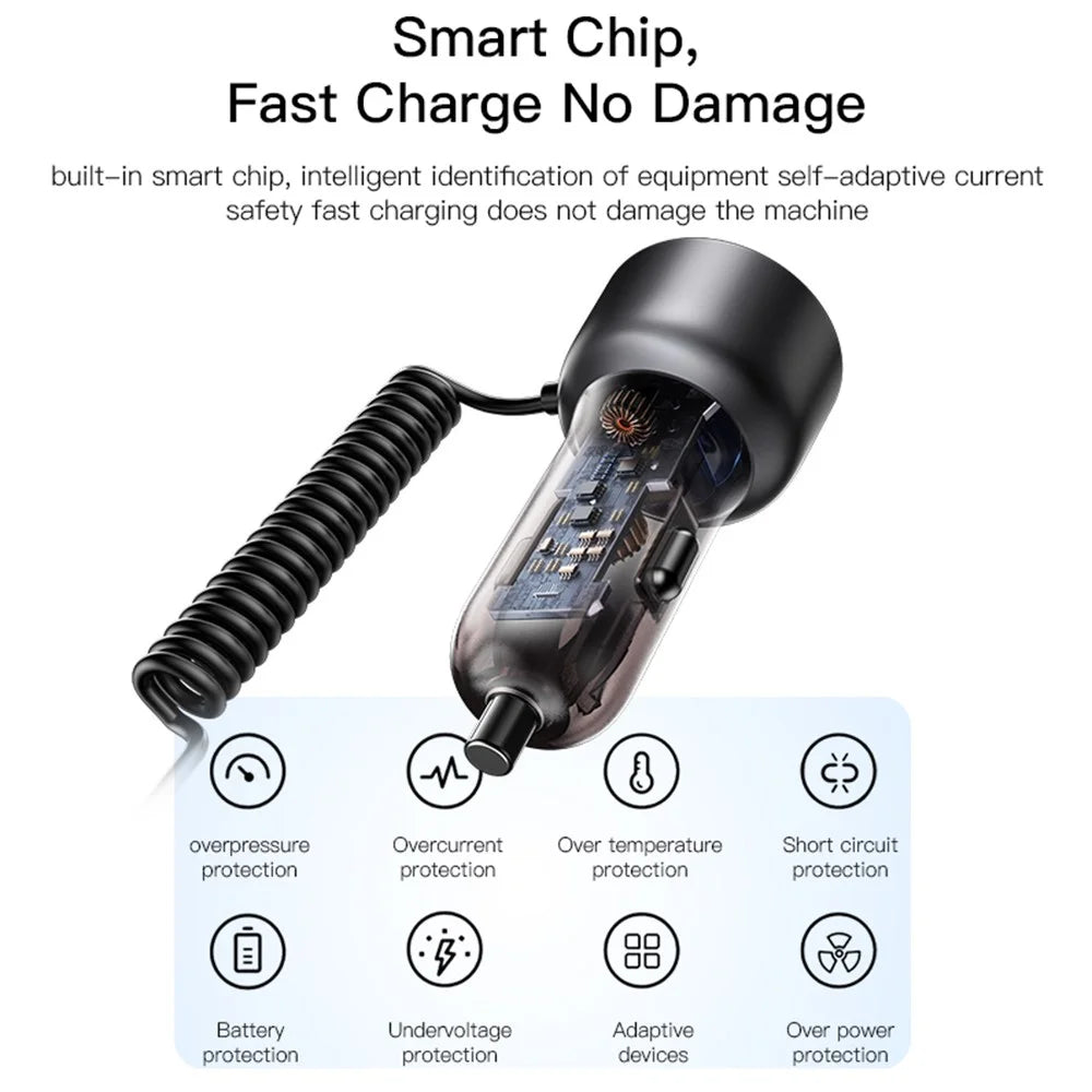 YESIDO Y58 Digital Display Fast Car Charger with iP / Type-C Coiled Cable PD 60W Cigarette Lighter Car Charger - 6