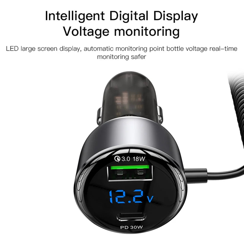 YESIDO Y58 Digital Display Fast Car Charger with iP / Type-C Coiled Cable PD 60W Cigarette Lighter Car Charger - 7