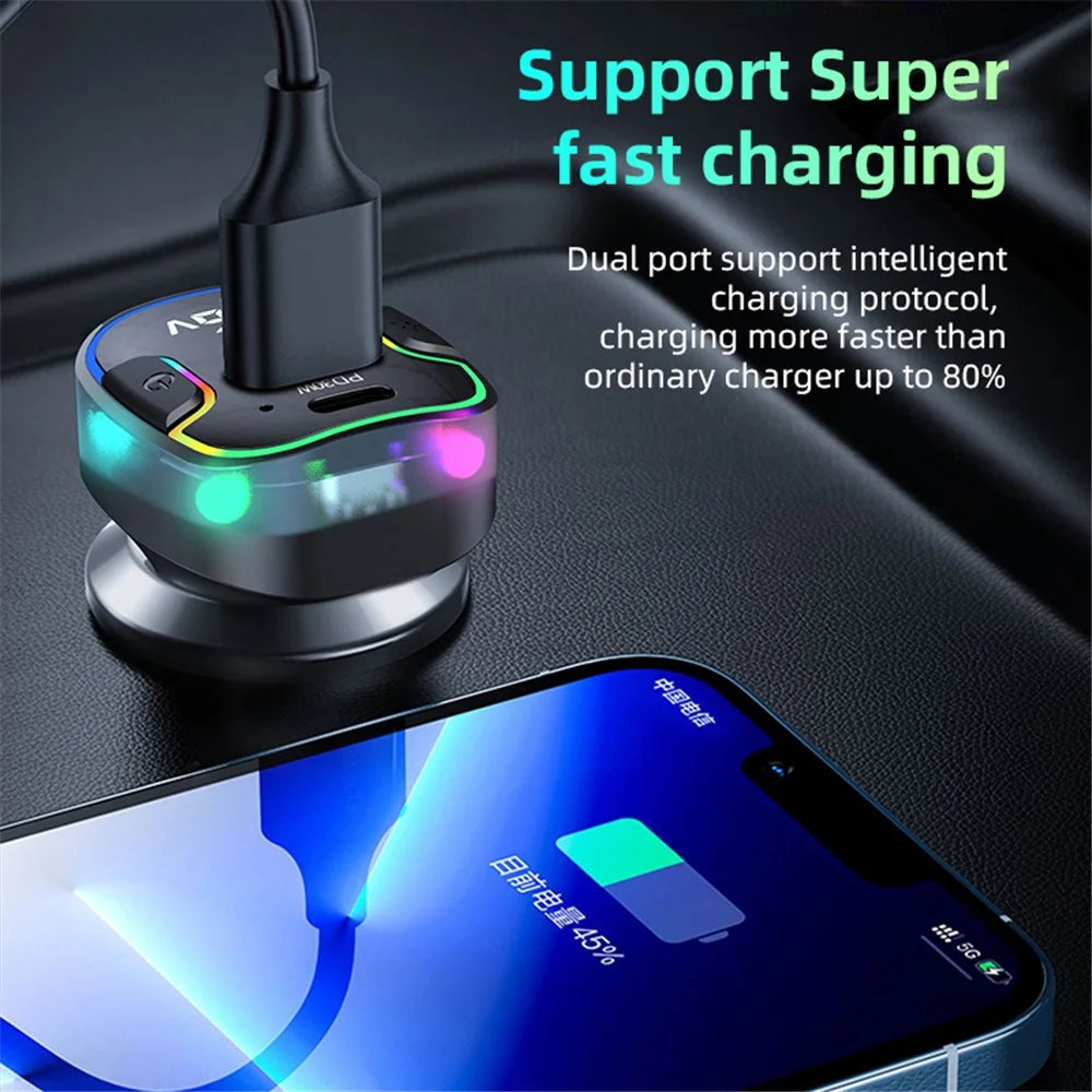 K7 USB+Type-C Car Charger Phone Fast Charging Adapter Cigarette Lighter with Light - 5