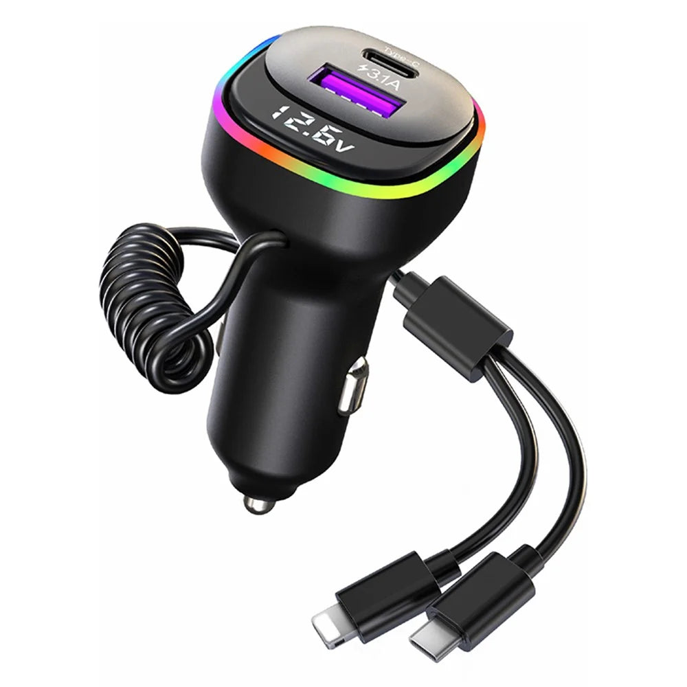 K2S PD 65W Phone Fast Charging Adapter USB+Type-C Car Charger with Type-C / 8-Pin Spring Cable - 1