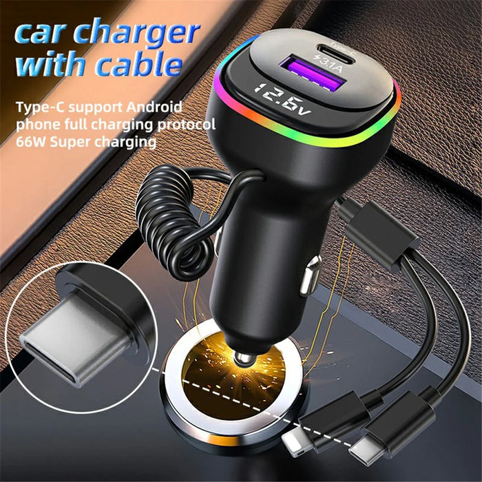 K2S PD 65W Phone Fast Charging Adapter USB+Type-C Car Charger with Type-C / 8-Pin Spring Cable - 2