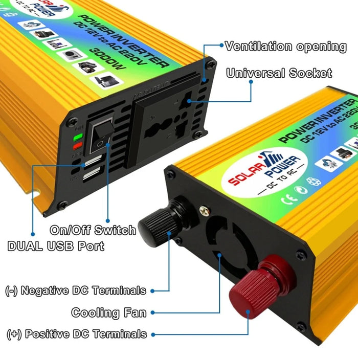 Tang I Generation 12V to 220V 3000W Intelligent Car Power Inverter with Dual USB for Camping, Traveling - Yellow - 3