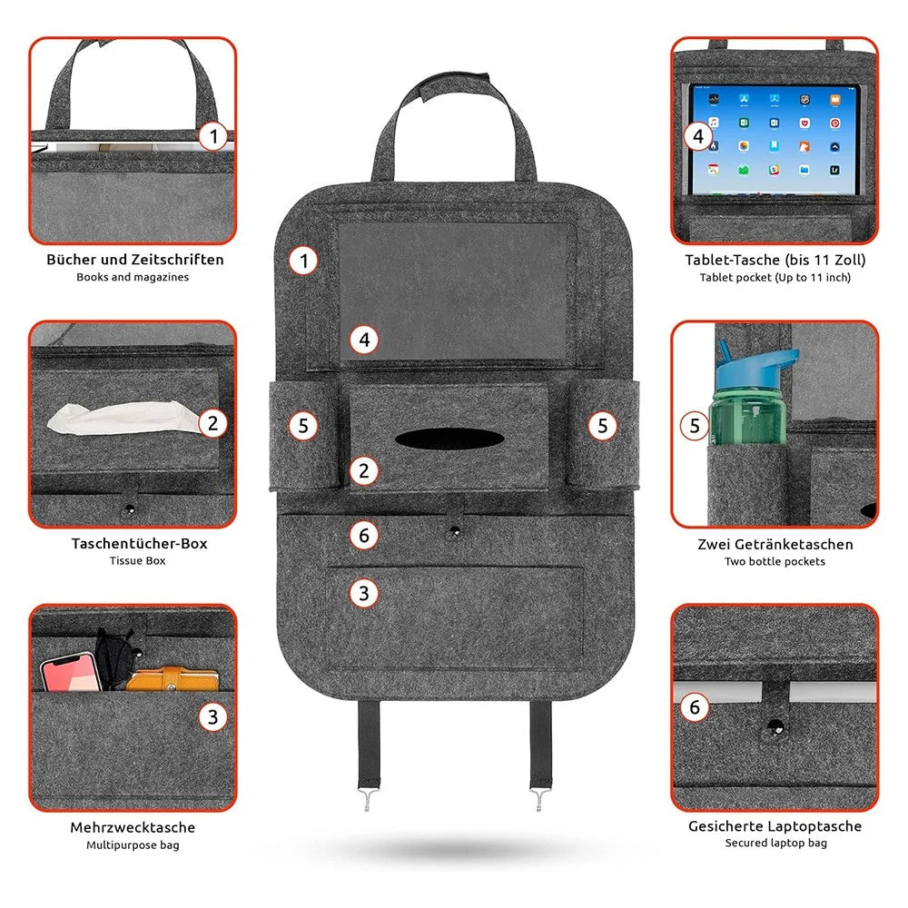 Car Seat Back Felt Hanging Bag Multi-Pocket Sundries Tissue Tablet Storage Bag - Dark Grey - 3