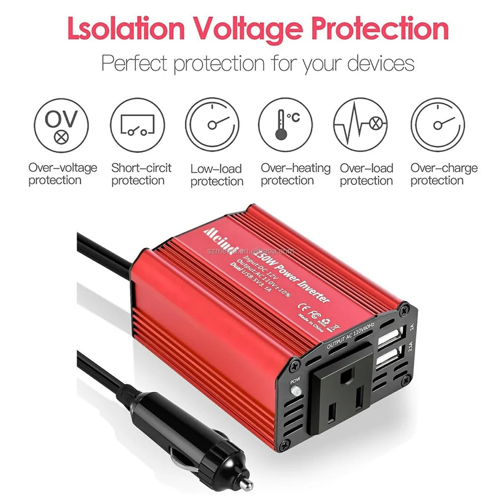 MEIND M6500 150W Car Power Inverter 12V DC to 220V AC Converter with Dual USB Ports - EU Plug+Red - 2