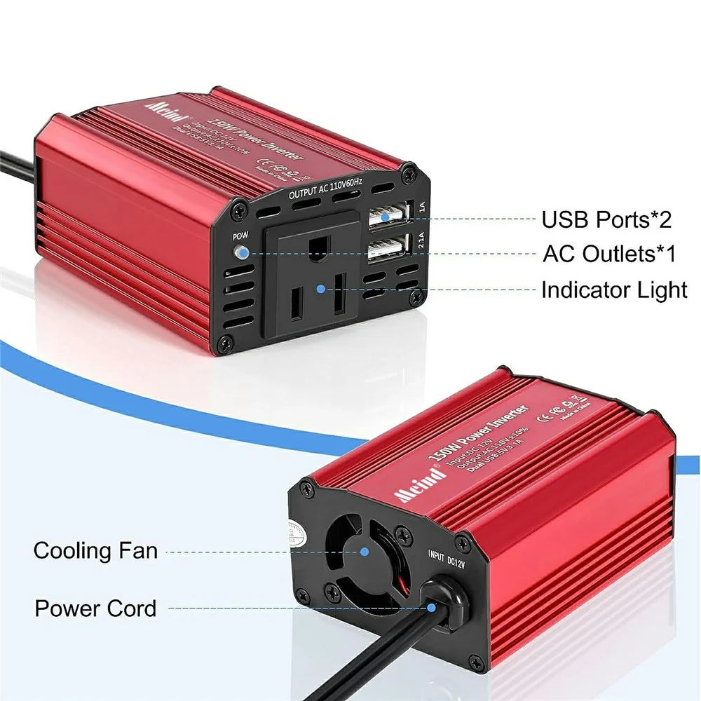 MEIND M6500 150W Car Power Inverter 12V DC to 220V AC Converter with Dual USB Ports - EU Plug+Red - 4