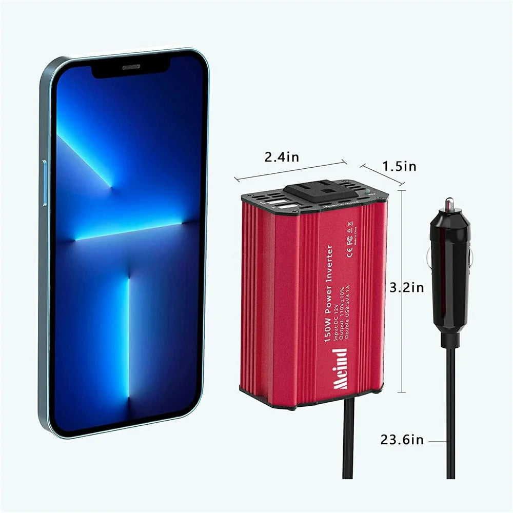 MEIND M6500 150W Car Power Inverter 12V DC to 220V AC Converter with Dual USB Ports - EU Plug+Red - 6