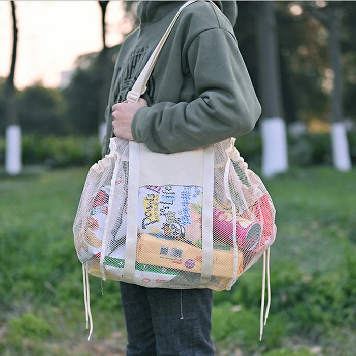 H351 Car Back Seat Organizer Multi-Function Portable Drawstring Large Capacity Canvas Mesh Storage Bag - 7