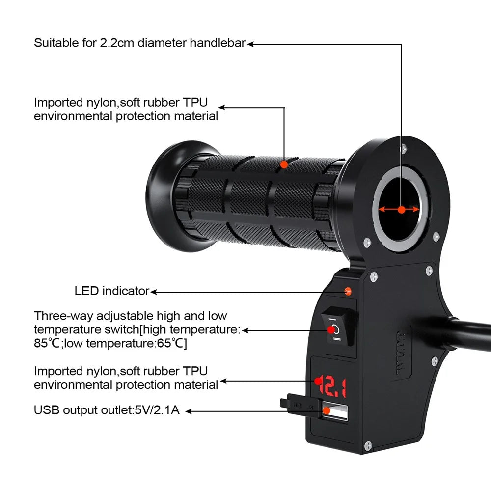 WUPP CS-503A1 1Pair Winter Motorcycle Heated Grips Universal Electric Heating Handlebar 12V Modified Heating Grips E-Bike Warmer Handgrips - Red - 5