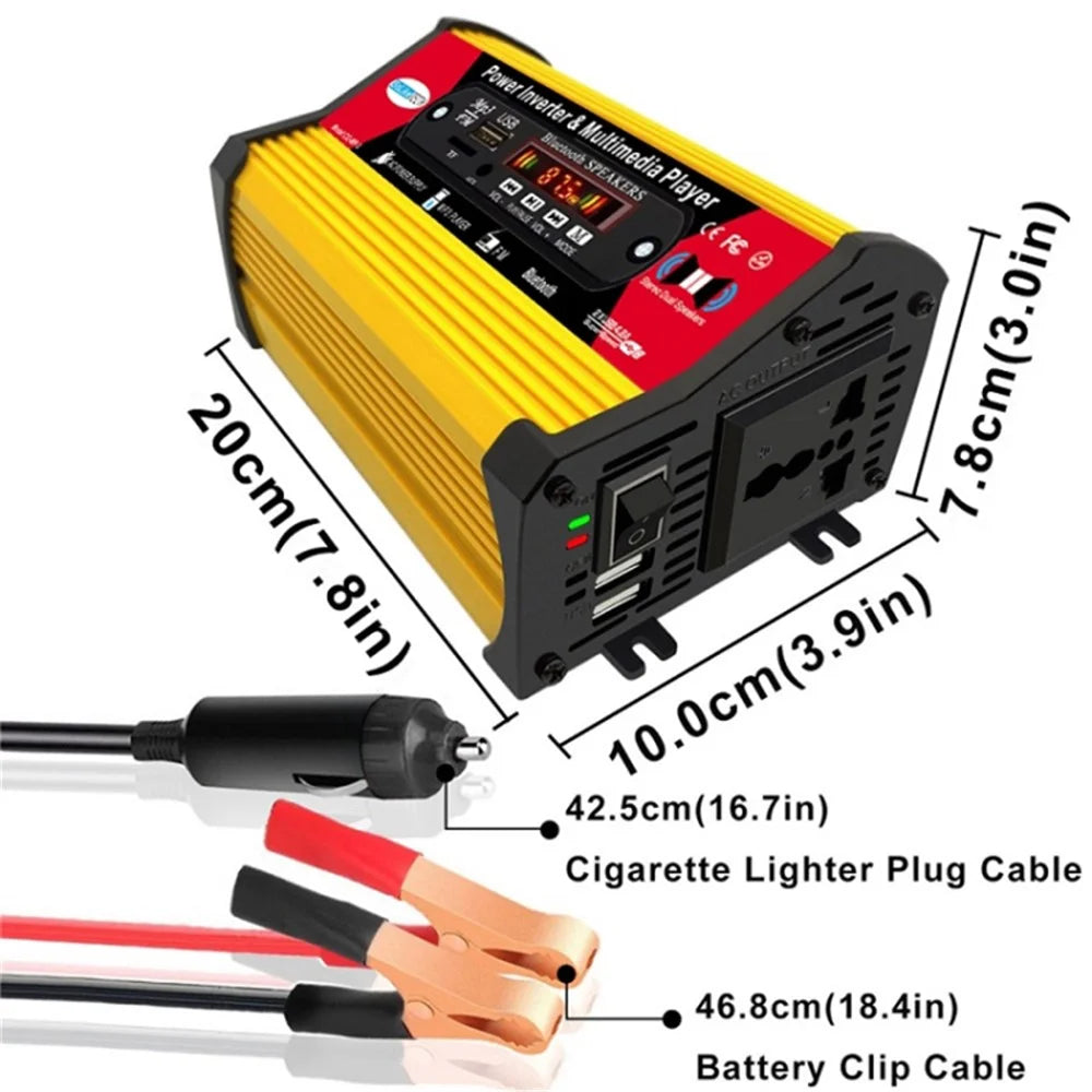 SOLIKETECH 300W Car Power Inverter with Bluetooth / MP3 / FM Multimedia Player 12V-220V Inverter Converter - Yellow Shell - 3