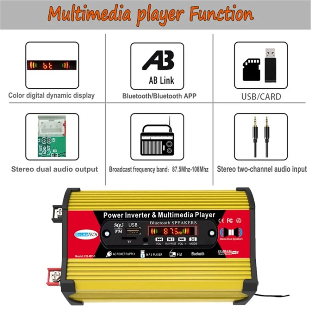 SOLIKETECH 300W Car Power Inverter with Bluetooth / MP3 / FM Multimedia Player 12V-220V Inverter Converter - Yellow Shell - 4