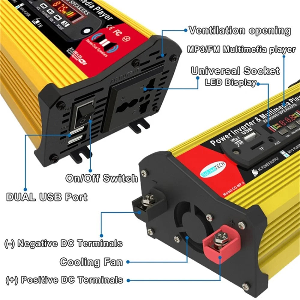 SOLIKETECH 300W Car Power Inverter with Bluetooth / MP3 / FM Multimedia Player 12V-220V Inverter Converter - Yellow Shell - 5