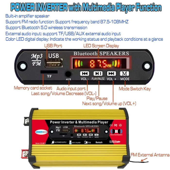 SOLIKETECH 300W 12V-110V Car Power Inverter with Bluetooth / MP3 / FM Multimedia Player Mini Inverter Converter - Yellow Shell - 6