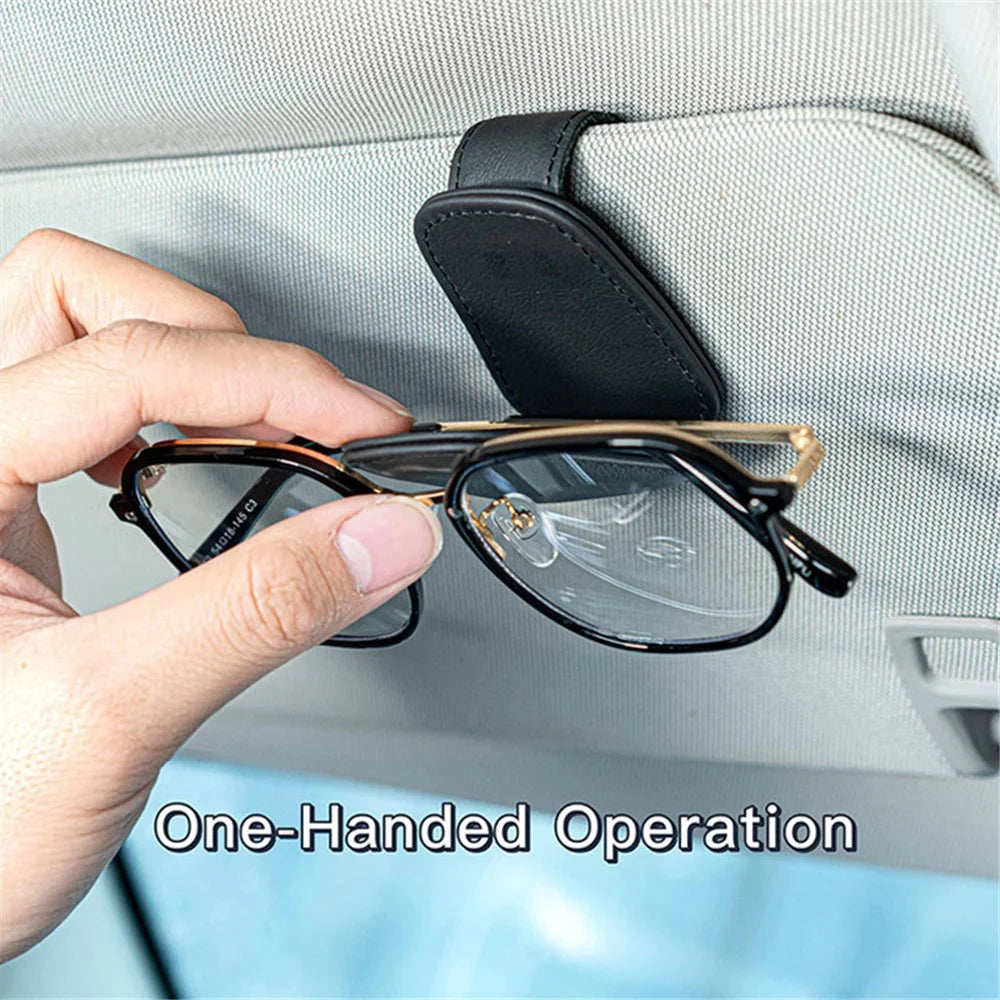 Magnetic Adsorption Car Sun Visor Glasses Holder PU Leather Sunglasses Card Ticket Clip - Black - 2