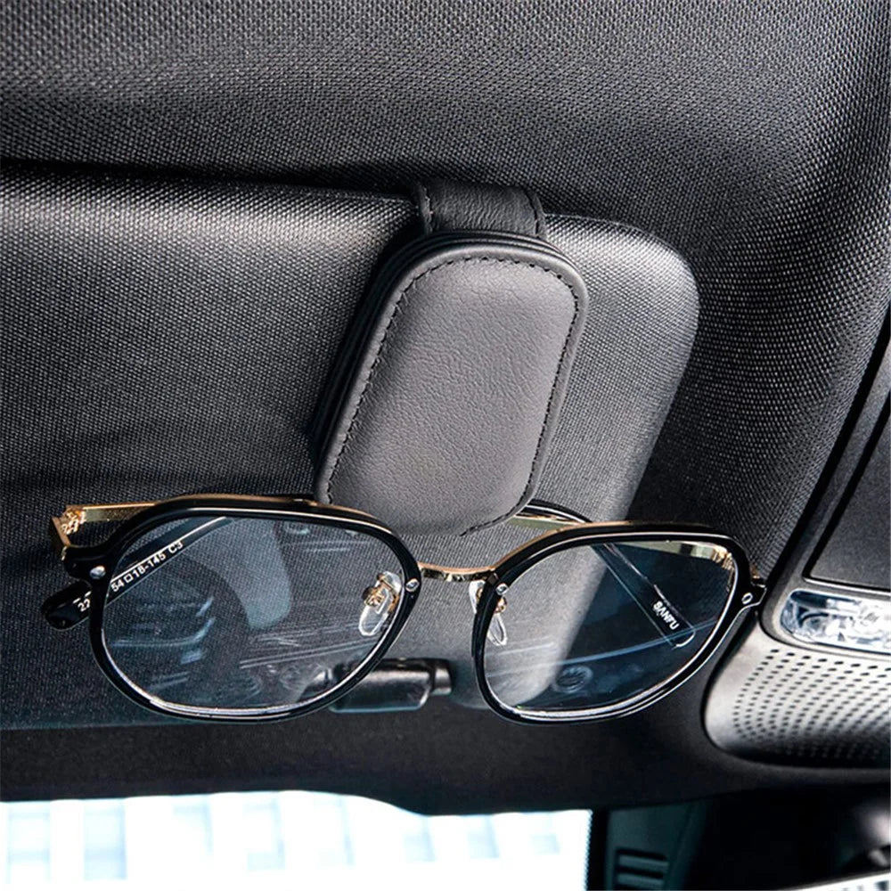 Magnetic Adsorption Car Sun Visor Glasses Holder PU Leather Sunglasses Card Ticket Clip - Black - 5
