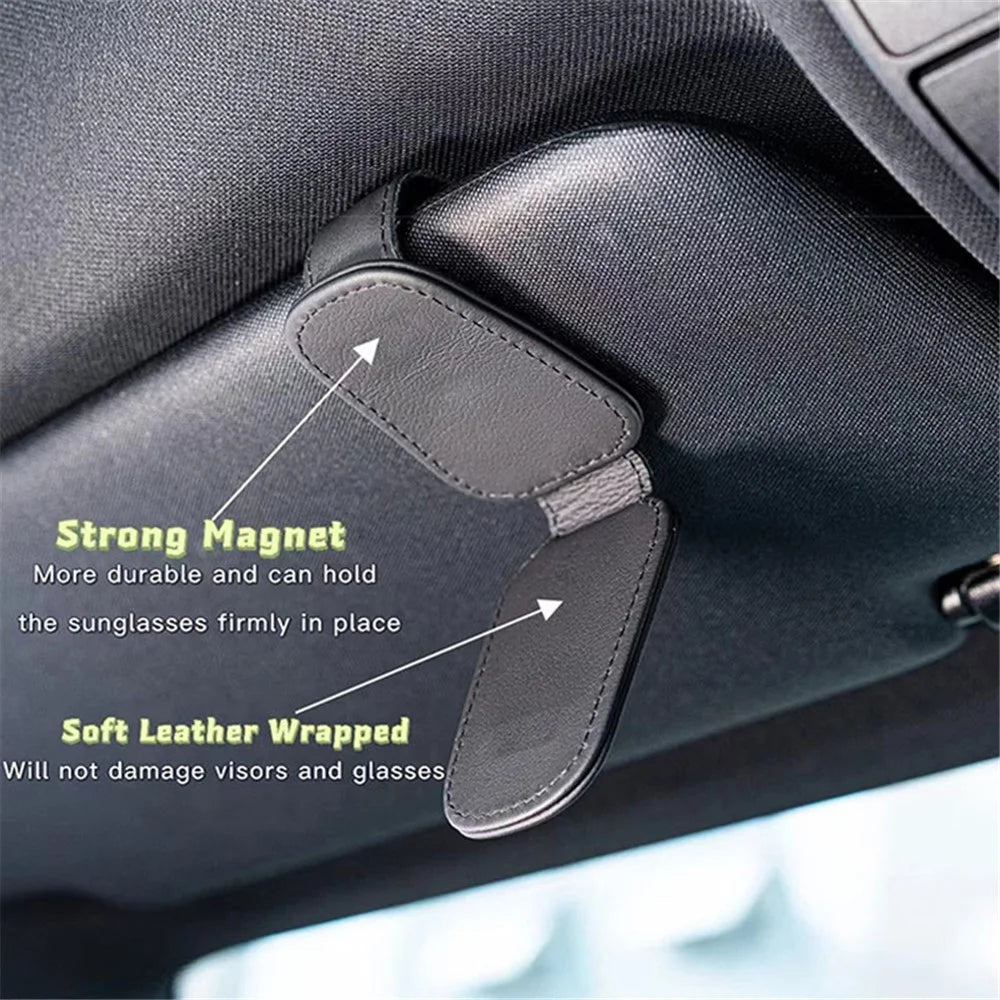 Magnetic Adsorption Car Sun Visor Glasses Holder PU Leather Sunglasses Card Ticket Clip - Black - 6