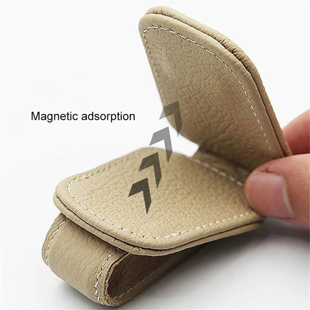 Magnetic Adsorption Car Sun Visor Glasses Holder PU Leather Sunglasses Card Ticket Clip - Black - 7