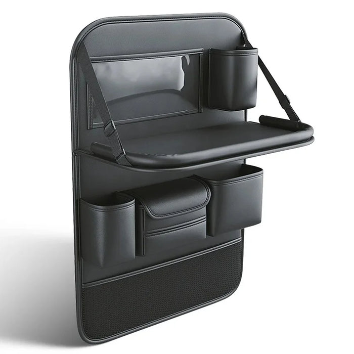 Leather Car Seat Back Organizer Hanging Waterproof Storage Bag with Foldable Table - Black - 1