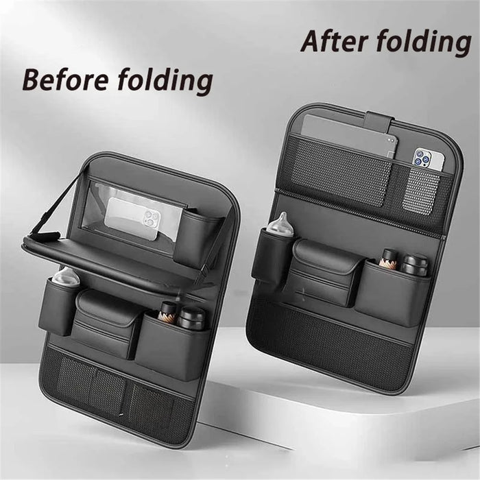 Leather Car Seat Back Organizer Hanging Waterproof Storage Bag with Foldable Table - Black - 2