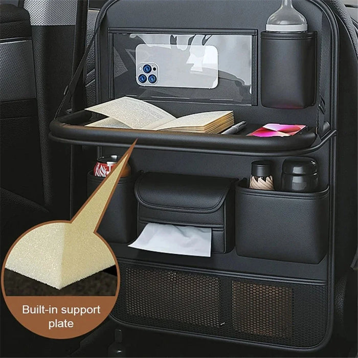 Leather Car Seat Back Organizer Hanging Waterproof Storage Bag with Foldable Table - Black - 4
