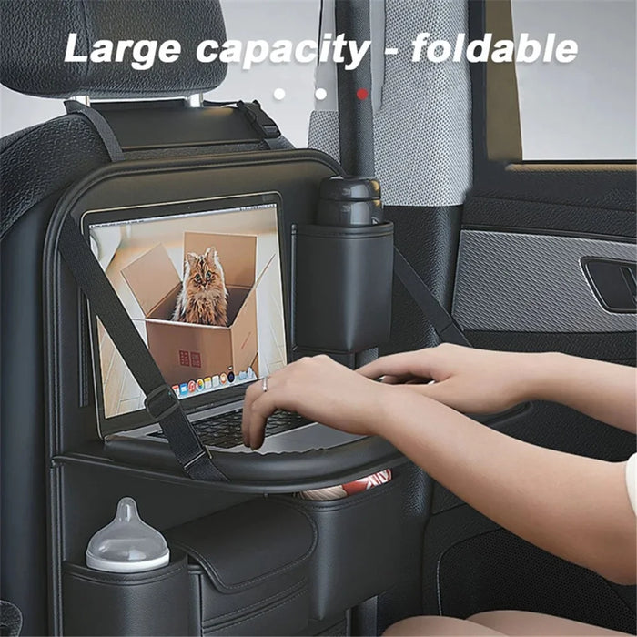 Leather Car Seat Back Organizer Hanging Waterproof Storage Bag with Foldable Table - Black - 5