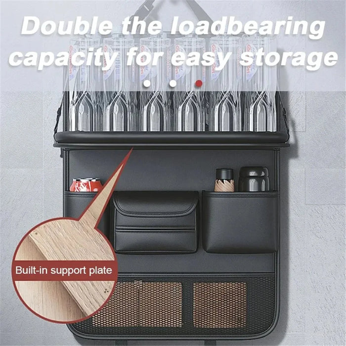 Leather Car Seat Back Organizer Hanging Waterproof Storage Bag with Foldable Table - Black - 6