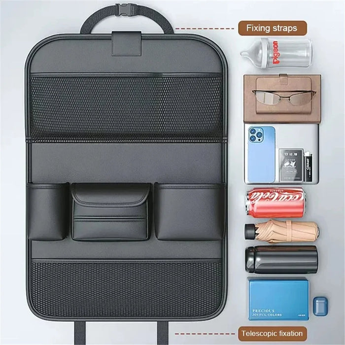 Leather Car Seat Back Organizer Hanging Waterproof Storage Bag with Foldable Table - Black - 7