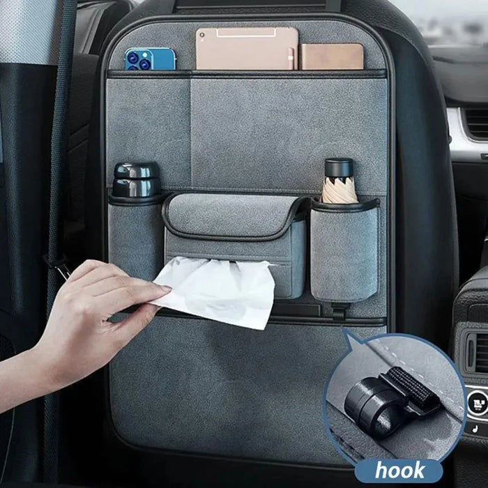 AUTOCOLOR Suede Car Seat Back Organizer Tissue Cup Holder Multi-Pocket Storage Bag with Hook - Grey - 4