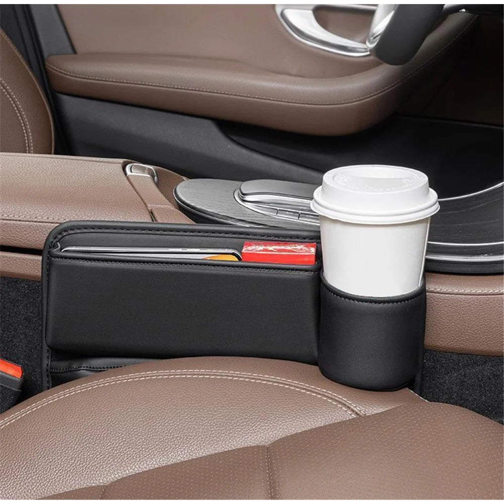 AUTOCOLOR Driver + Passenger Side Car Seat Seam Leather Storage Box Phone Drink Organizer - 4