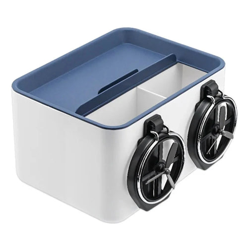 BY-1139 Vehicle Tissue Box Car Armrest Box ABS Sundries Storage Box with 2 Bottle Holder - Blue+White - 1