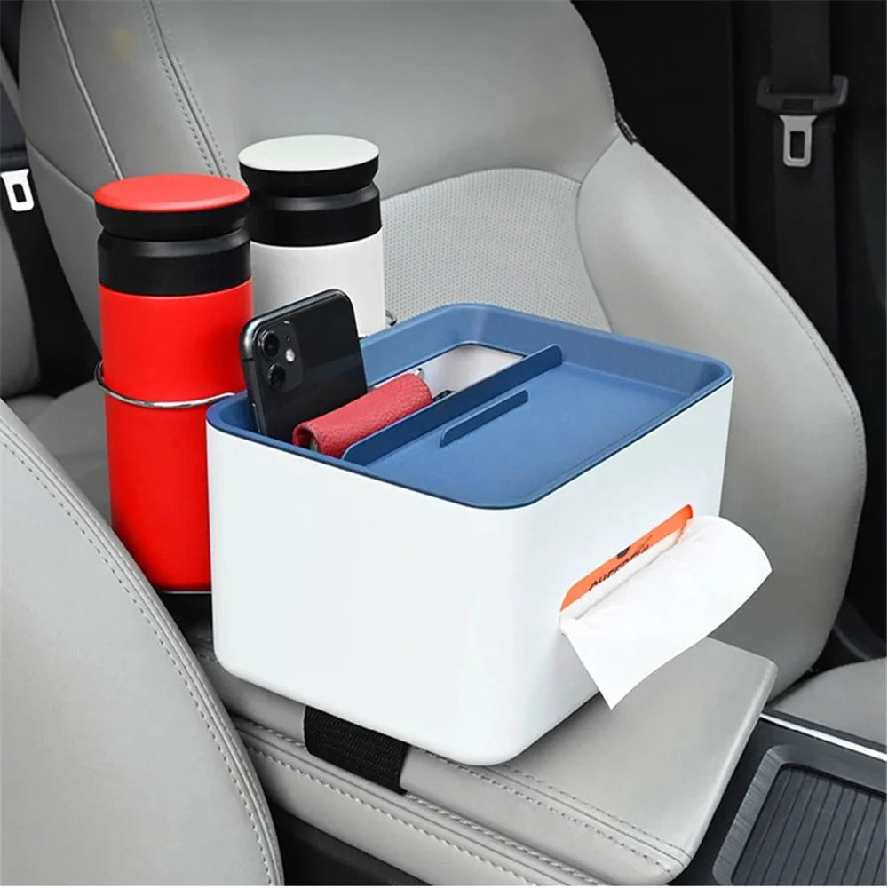 BY-1139 Vehicle Tissue Box Car Armrest Box ABS Sundries Storage Box with 2 Bottle Holder - Blue+White - 2