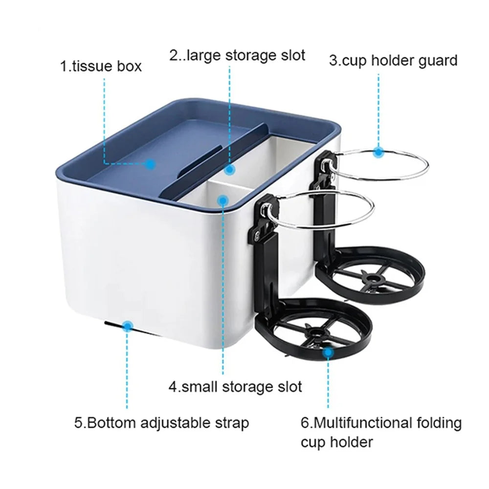 BY-1139 Vehicle Tissue Box Car Armrest Box ABS Sundries Storage Box with 2 Bottle Holder - Blue+White - 3
