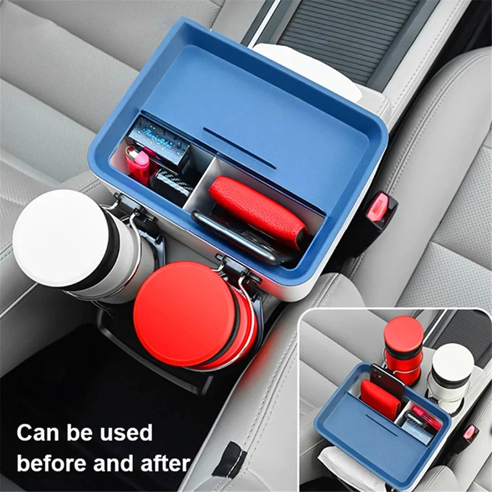 BY-1139 Vehicle Tissue Box Car Armrest Box ABS Sundries Storage Box with 2 Bottle Holder - Blue+White - 4