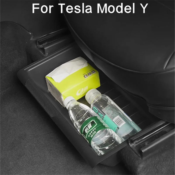 TSL521 For Tesla Model Y TPE+ABS Storage Box with Lid Under Seat Drawer - Grey - 2