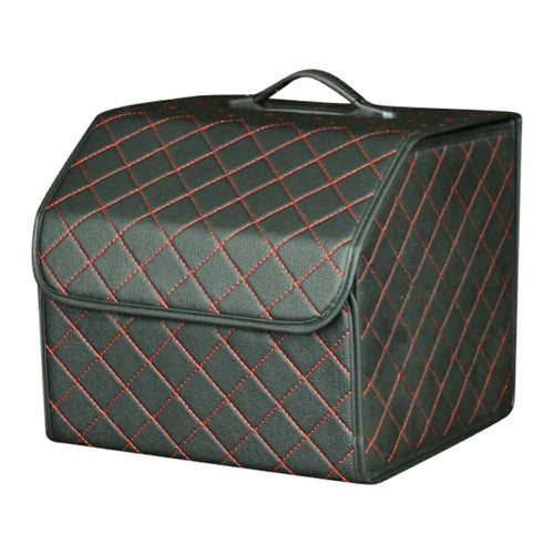 10006 Foldable Car Trunk Organizer Container Leather Storage Box, Small Size - Grid / Black+Red Line - 1