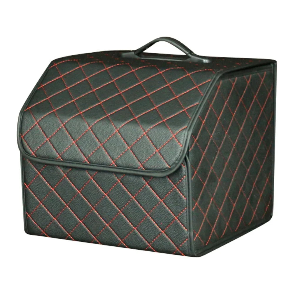 10006 Foldable Car Trunk Organizer Container Leather Storage Box, Small Size - Grid / Black+Red Line - 1