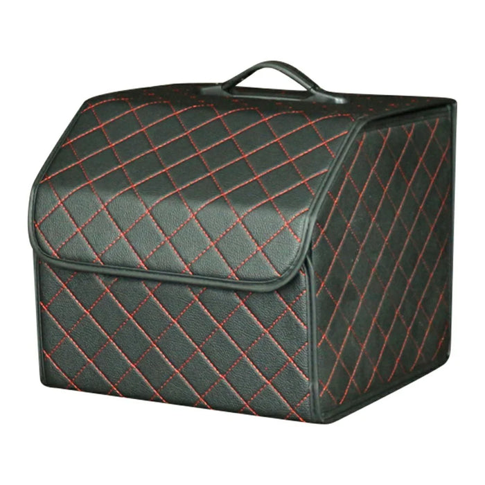 10006 Foldable Car Trunk Organizer Container Leather Storage Box, Small Size - Grid / Black+Red Line - 1