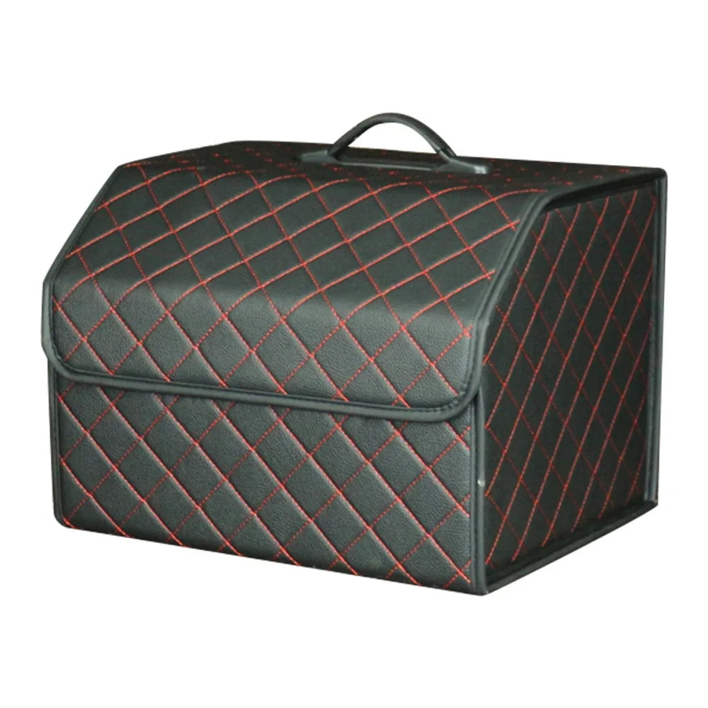 10006 Car Trunk Stuff Organizing Container Foldable Leather Storage Box, Medium Size - Grid / Black+Red Line - 1