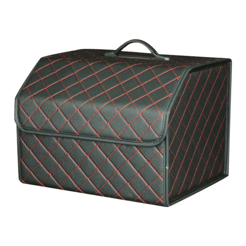 10006 Car Trunk Stuff Organizing Container Foldable Leather Storage Box, Medium Size - Grid / Black+Red Line - 1