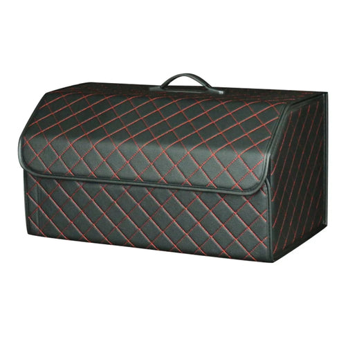 10006 Car Trunk Folding Leather Storage Box with Rubber Handle, Large Size - Grid / Black+Red Line - 1