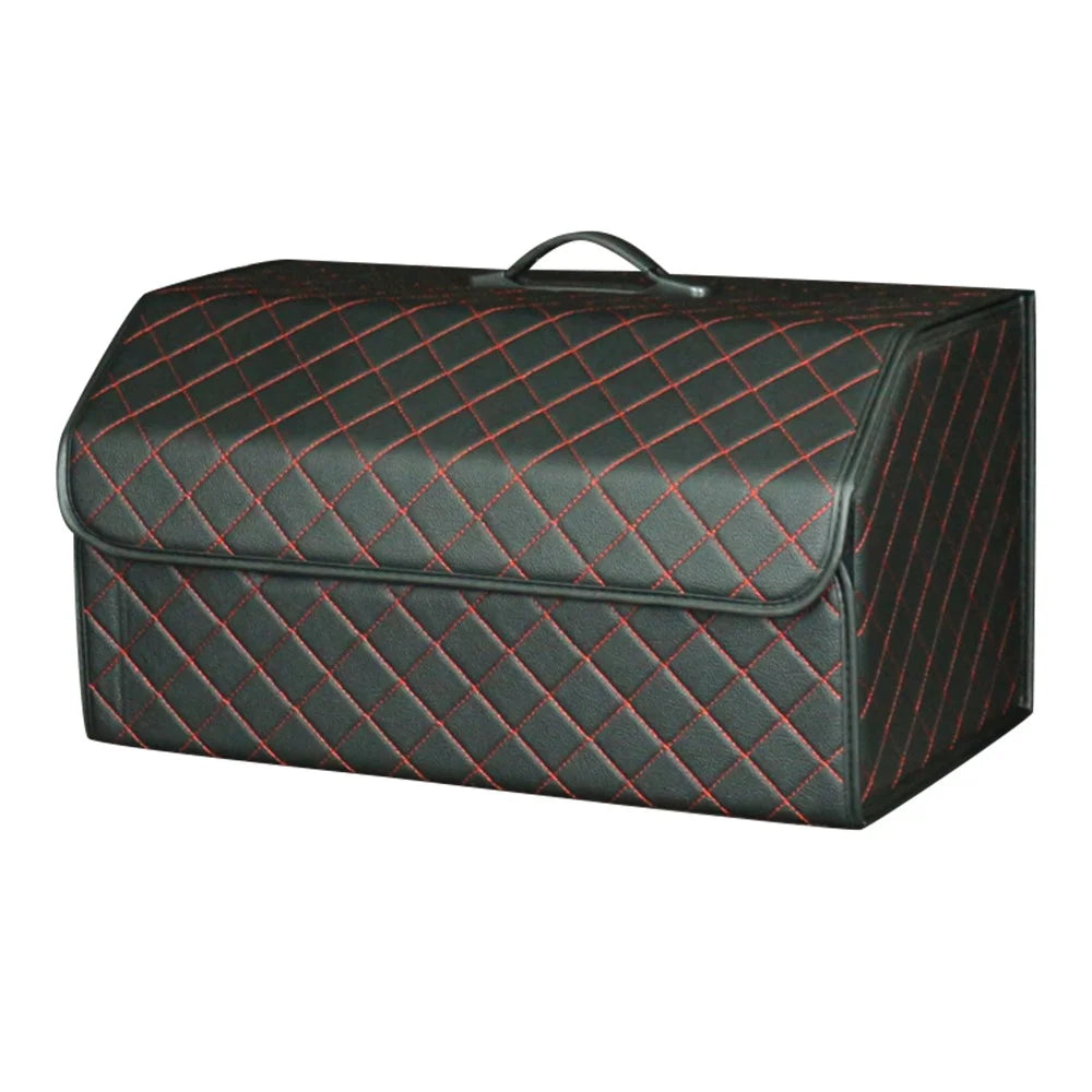 10006 Car Trunk Folding Leather Storage Box with Rubber Handle, Large Size - Grid / Black+Red Line - 1