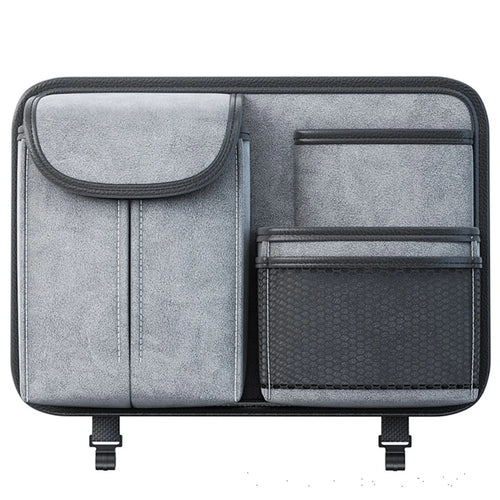 Sheepskin Leather Car Seat Back Organizer Tissue Holder Multi-function Storage Bag - Grey - 1
