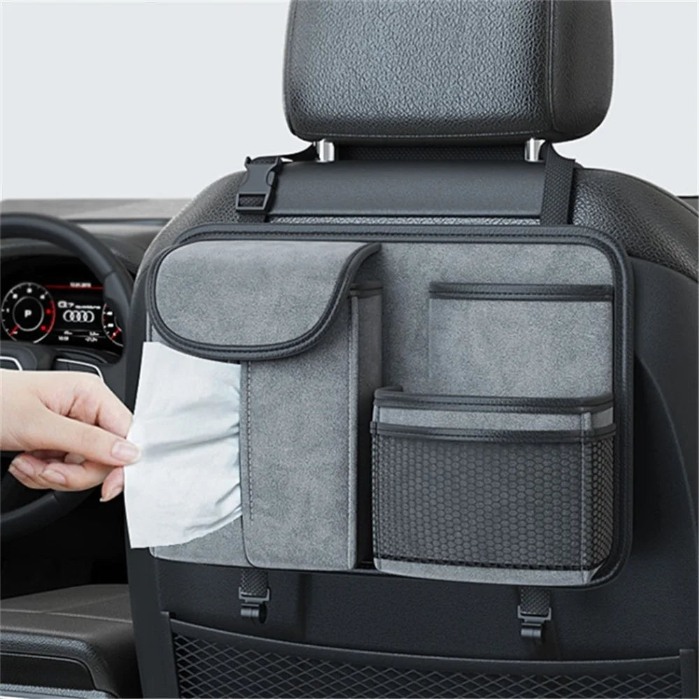 Sheepskin Leather Car Seat Back Organizer Tissue Holder Multi-function Storage Bag - Grey - 2